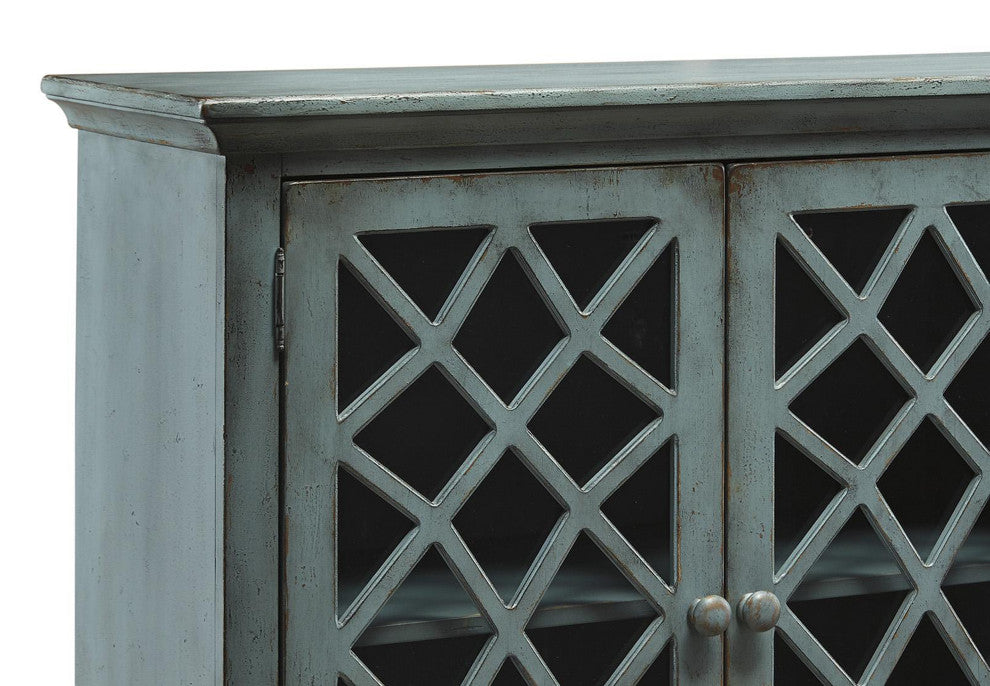 Benzara BM210796 Lattice Design 4 Door Cabinet With Glass Inserts, Teal Blue