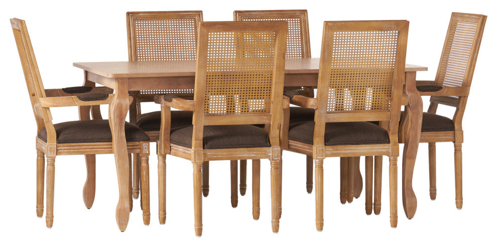 Regan Fabric Upholstered Wood and Cane Expandable 7-Piece Dining Set, Natural Brown/Brown