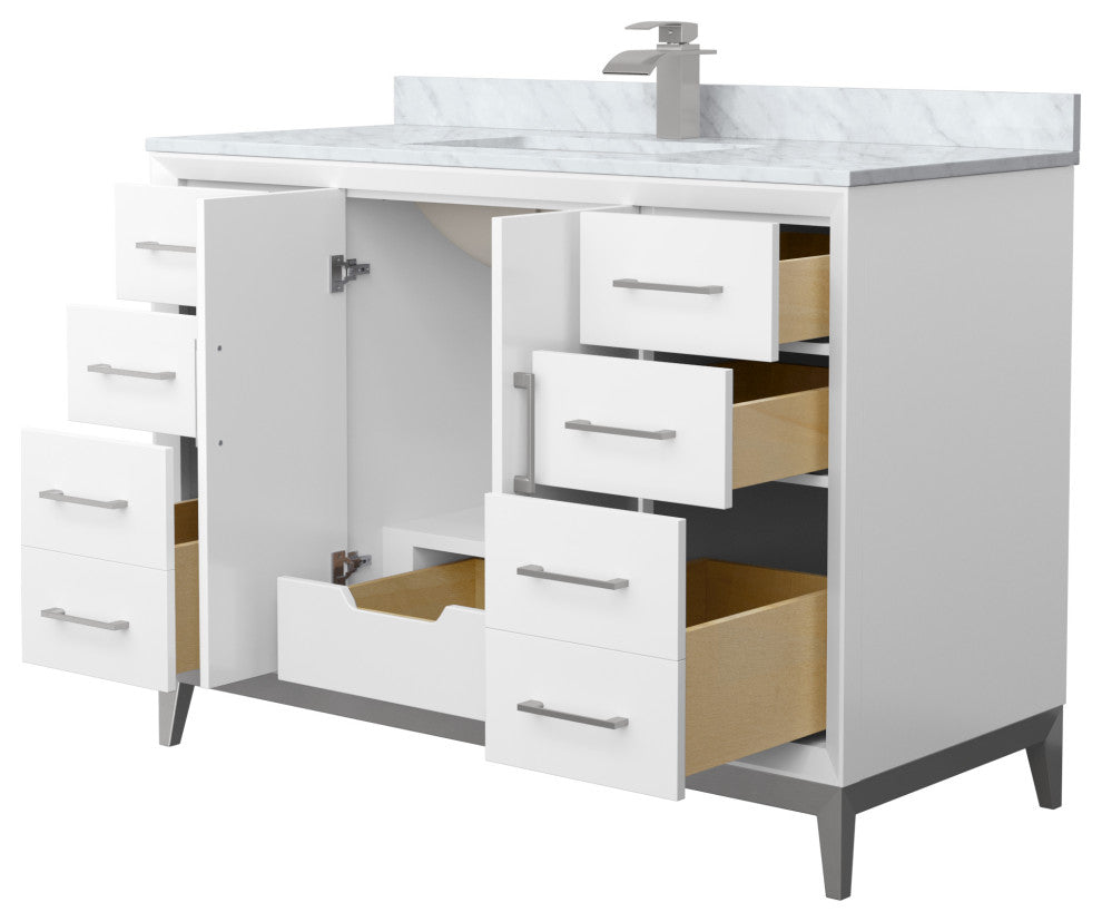 Amici 48" White Single Vanity, White Carrara Marble Top, Brushed Nickel Trim