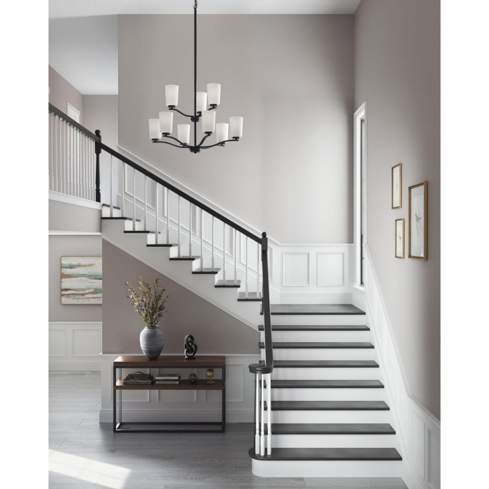 Adley Collection Nine-Light Matte Black Etched White Opal Glass Chandelier