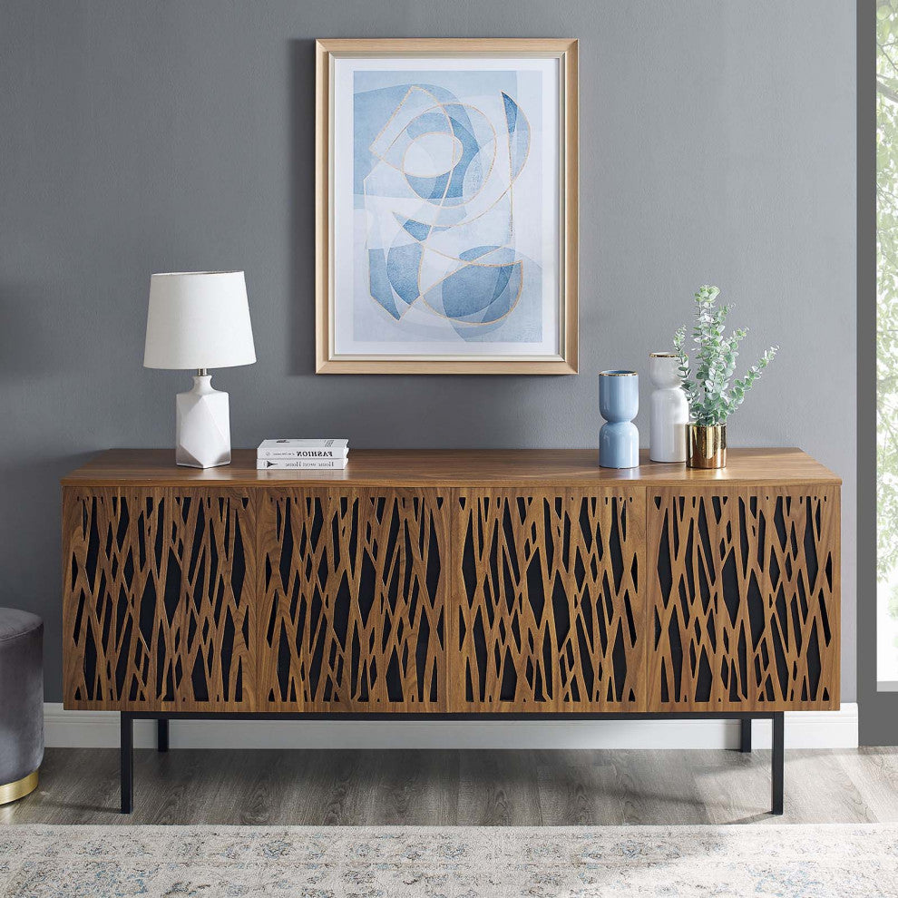 Media TV Stand Console Table, Rectangular, Wood, Metal, Brown Walnut, Modern