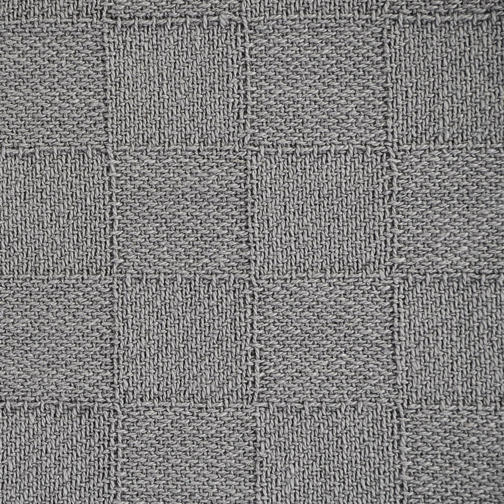 Checkered Weave Throw Blanket with Fringe, Light Gray