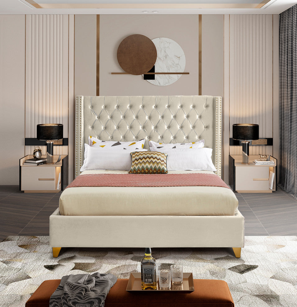 Barolo Velvet Upholstered Bed, Cream, Queen