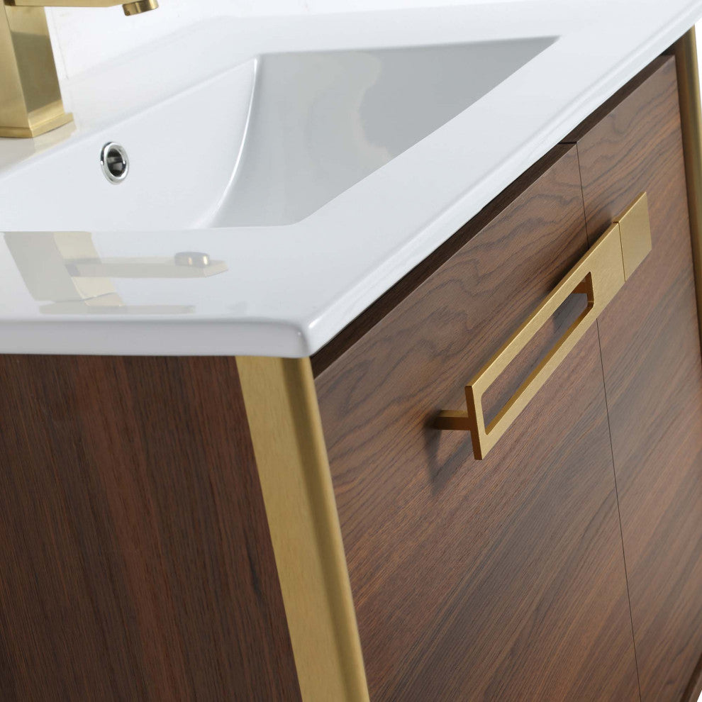 Oakville Bath Vanity, Ceramic Sink, Walnut Ebony, 30 Inch, Satin Brass Hardware