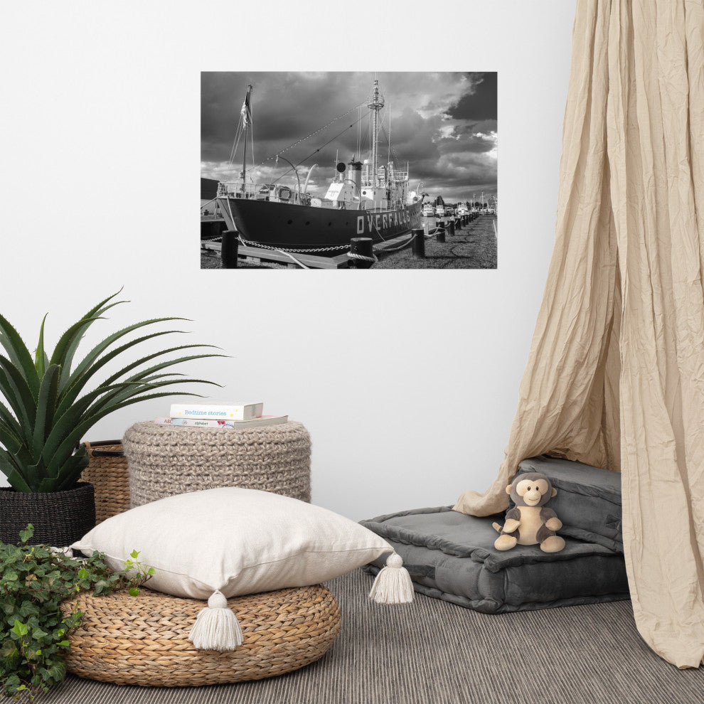 Overfalls Lightship Landscape Photo Black and White Unframed Wall Art Print, 24" X 36"