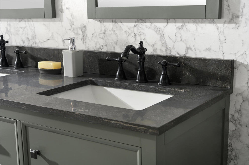 60" Double Sink Vanity Cabinet, Carrara White Top, Pewter Green