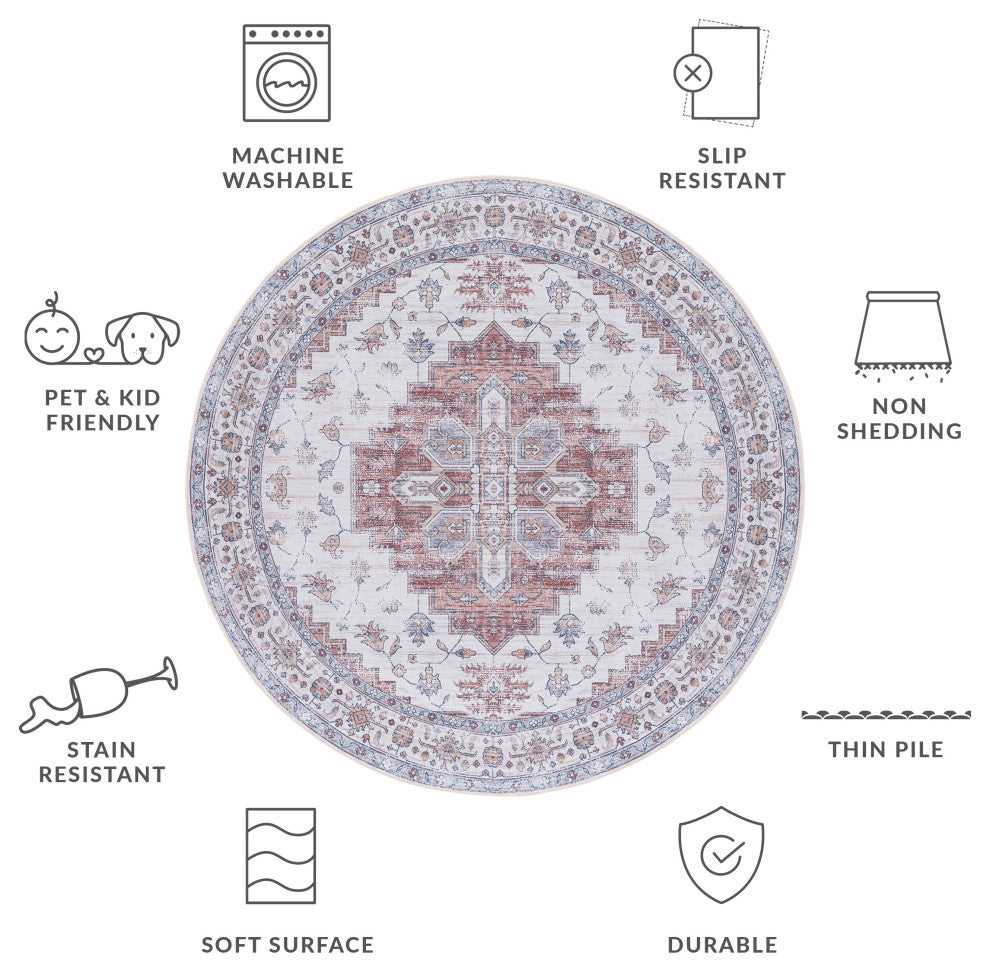 Safavieh Couture Tucson Collection, TSN109 Machine Washable Rug, Ivory / Rust, 6' Round