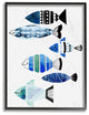 Collage Tropical Blue Green and Black Patterned Fish Framed Giclee, 16"x20"