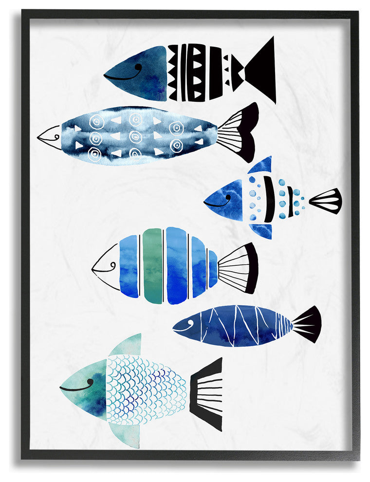 Collage Tropical Blue Green and Black Patterned Fish Framed Giclee, 16"x20"