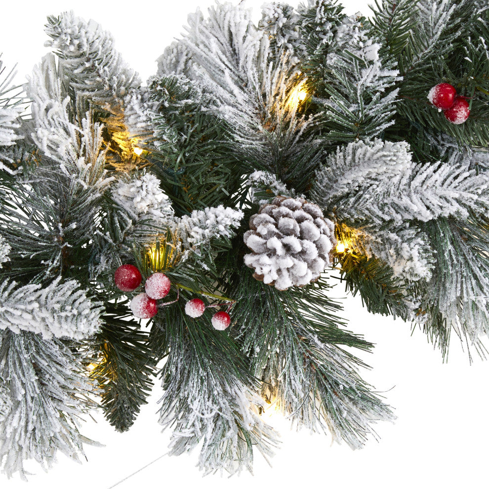 6' Flocked Mixed Pine Faux Xmas Garland W/ 50 LED Lights, Pine Cones and Berries