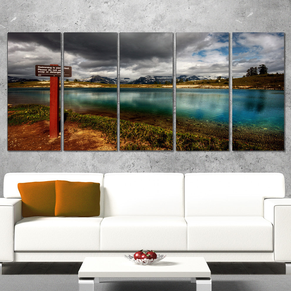 Azure Mountain Lake with Clouds, Landscape Canvas Print, 60"x28", 5 Panels