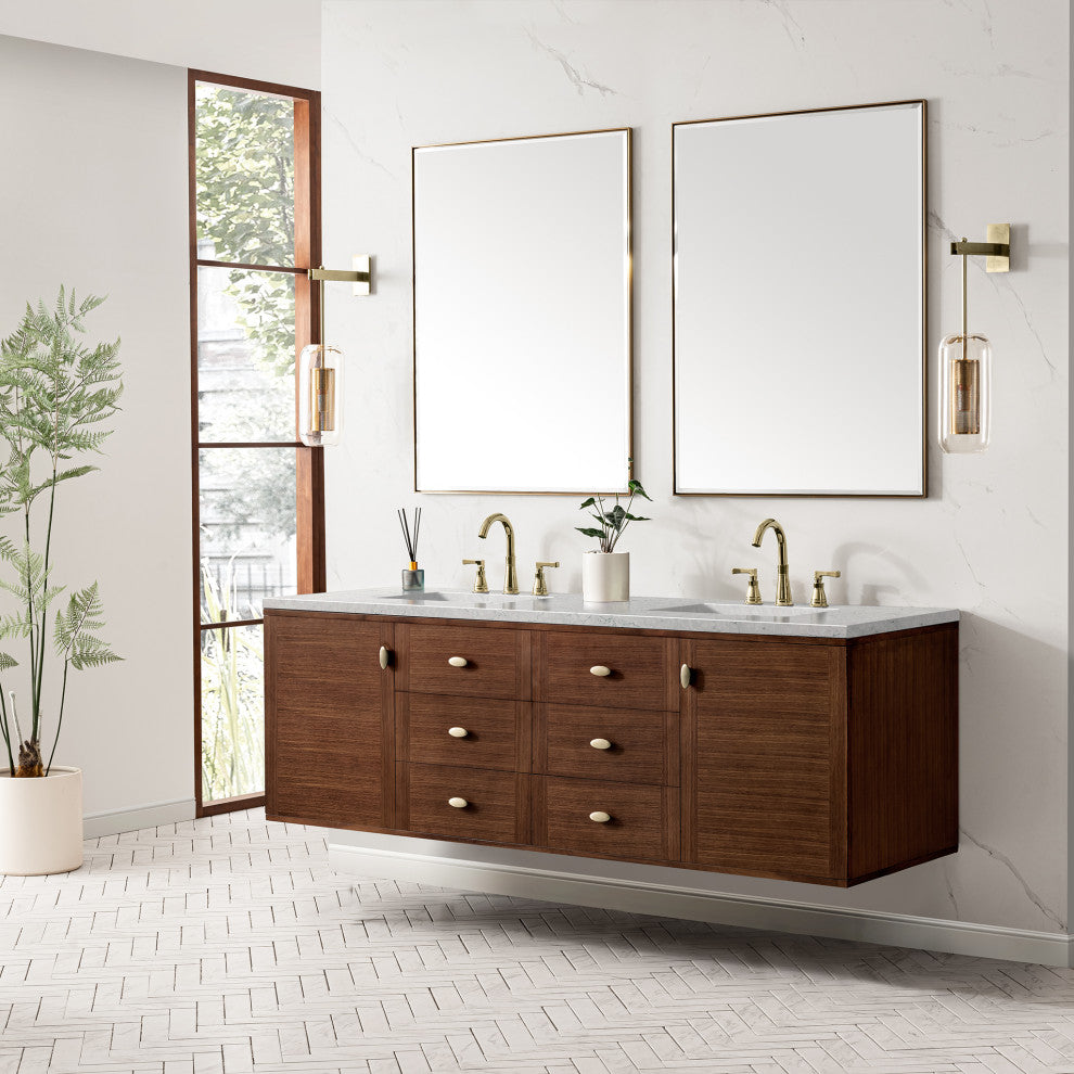 Amberly 30" Single Vanity, Mid-Century Walnut, 72", Eternal Jasmine Pearl, Three-Hole