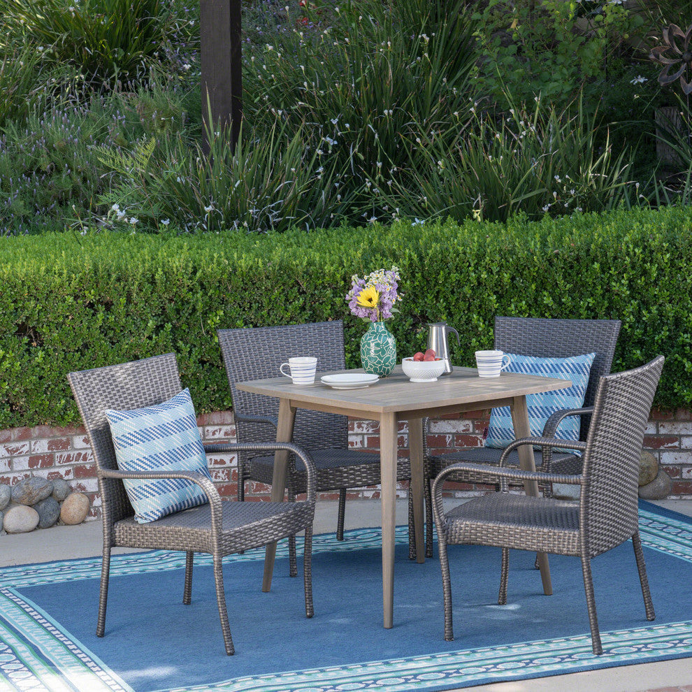 GDF Studio 5-Piece Murphy Outdoor Wood and Wicker Dining Set, Gray and Gray