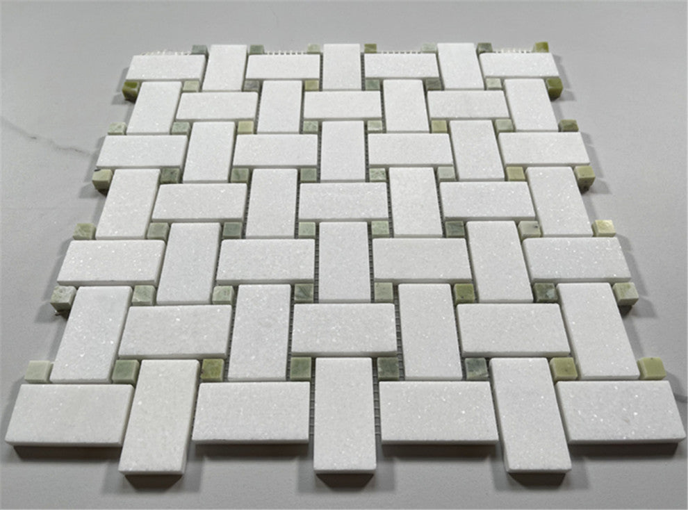 Thassos White Marble 1x2 Basketweave Mosaic Tile Green Dots Honed, 1 sheet