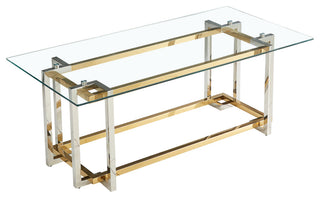 Contemporary Rectangular Glass and Metal Coffee Table, Silver/Gold