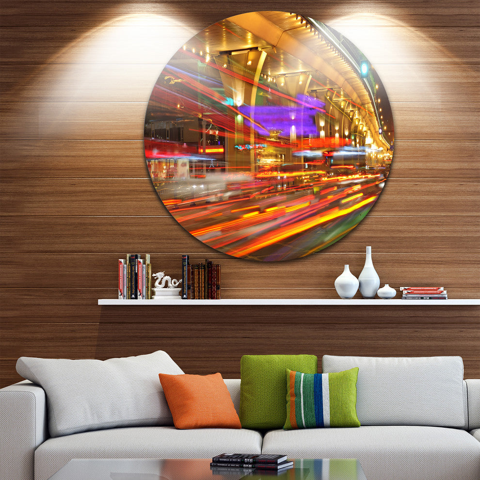 Colorful Traffic Trails In City, Cityscape Photo Disc Metal Art, 36"