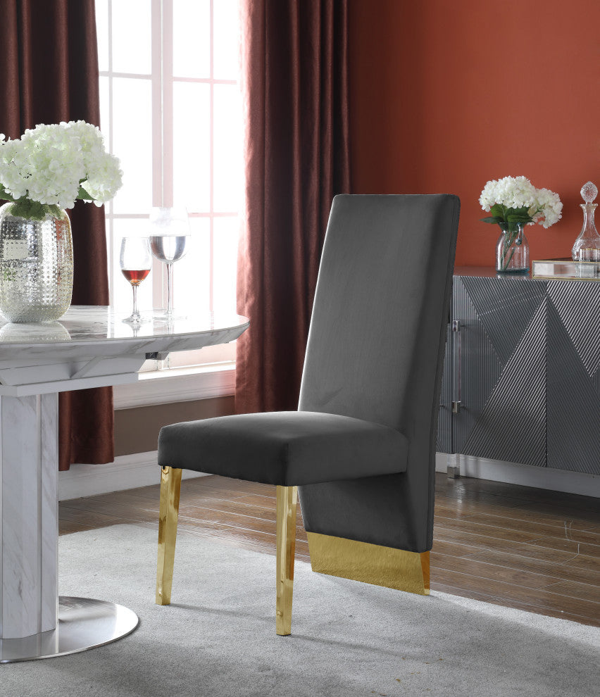 Porsha Dining Chair, Set of 2, Gray Velvet, Gold Legs