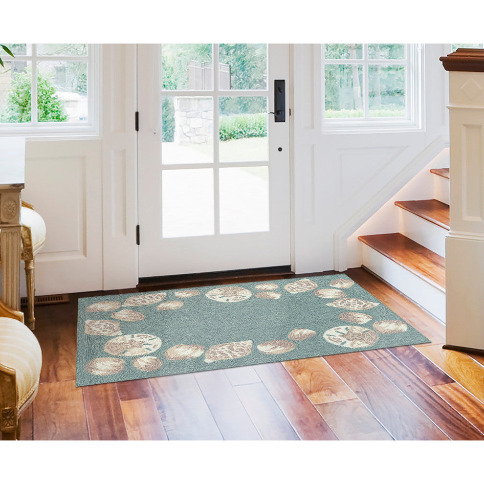 Capri Seashell Border Indoor/Outdoor Rug, Aqua, 2'x3'
