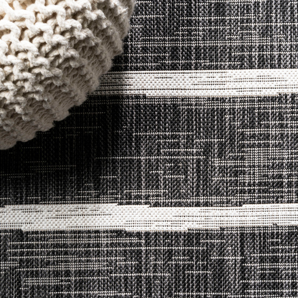 Colonia Berber Stripe Indoor/Outdoor Rug, Black/Ivory, 2x8