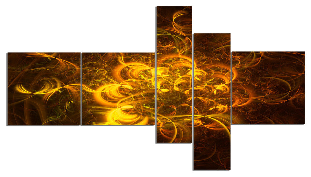 Golden Fractal Flower in Dark, Floral Canvas Art print, 60"x32", 5 panels