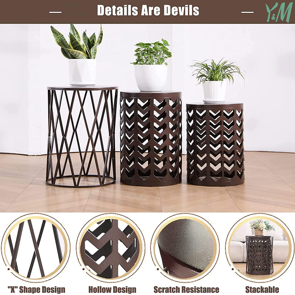 Outdoor Garden Stool Set of 3 with Metal Frame , Brown