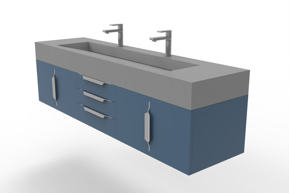 CastelloUSA Nile 72" Wall Mounted Bathroom Vanity Set, Blue, Gray Top, Chrome Handles