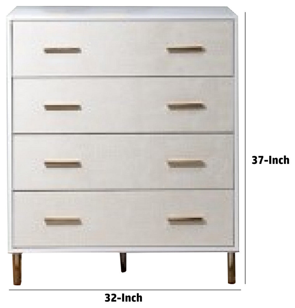 Benzara Emily 37" Wood Tall Dresser Chest, 4 Drawers Gold Handles, White