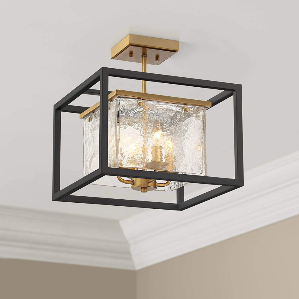 Contemporary Modern Ceiling Light Semi-Flush Mount Fixture, Black Square Cage