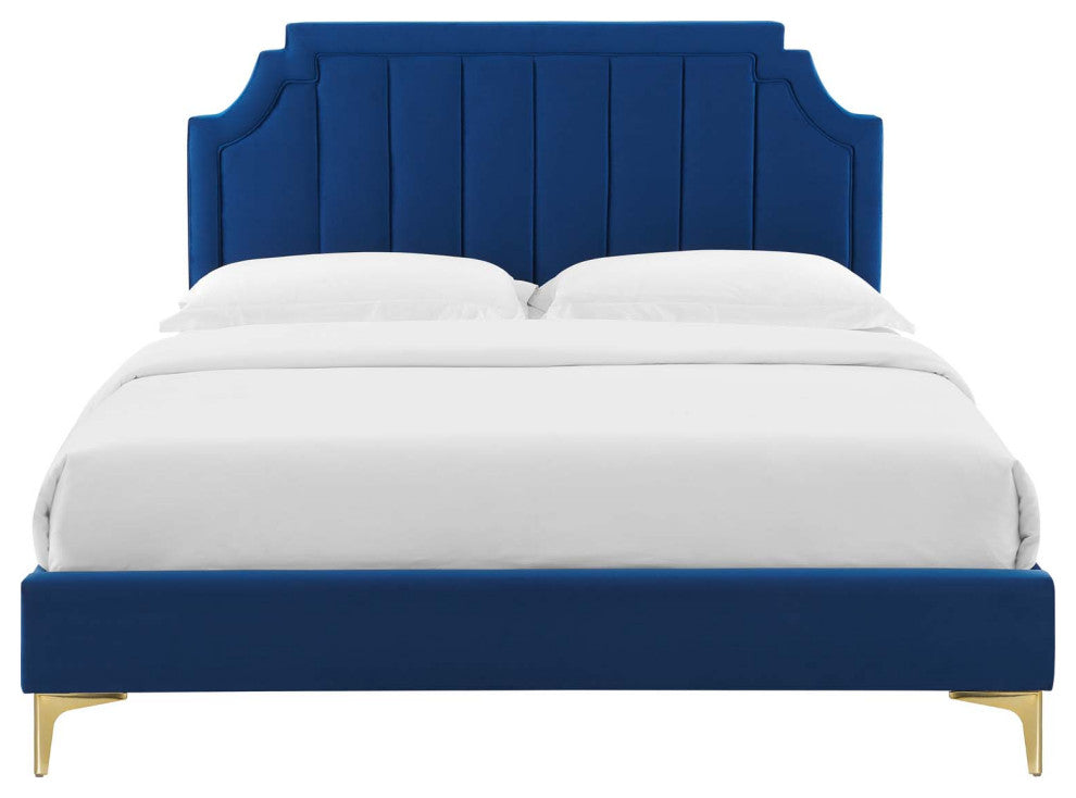 Platform Bed Frame, King Size, Velvet, Blue Navy, Modern Contemporary, Bedroom