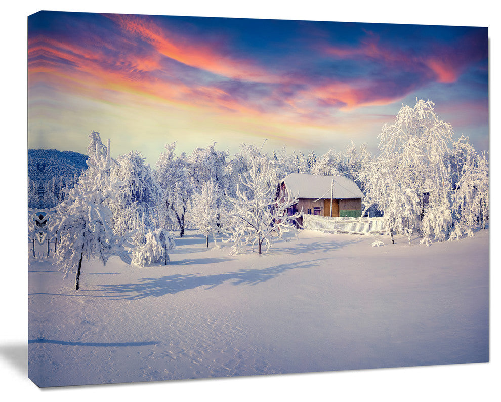 Snowfall Covering Trees and Houses, Large Landscape Canvas Art Print, 60"x28"
