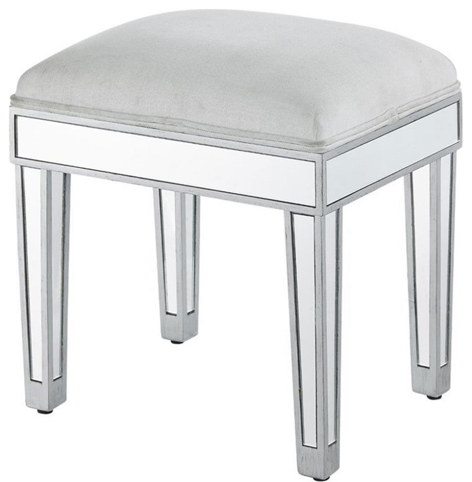 Elegant Decor Reflexion 18" Mirrored Fabric Vanity Stool in Beige and Silver