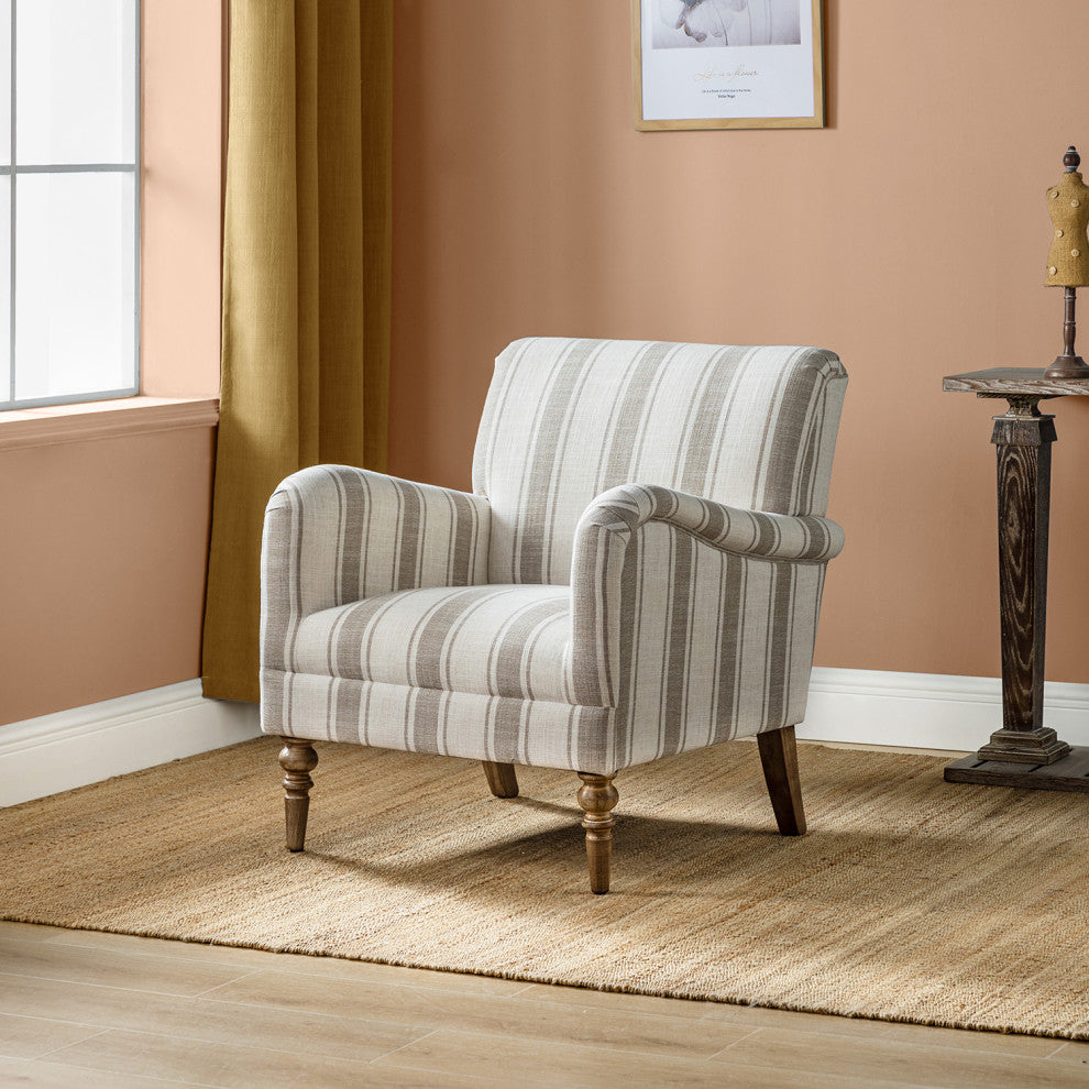 Mid-century Stripe Armchair With Wing Back, Tan