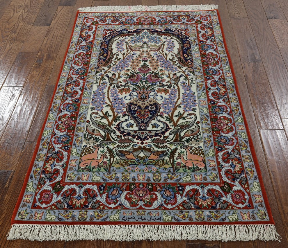Signed Persian Isfahan Handmade Wool and Silk Authentic Rug, 4'x5'