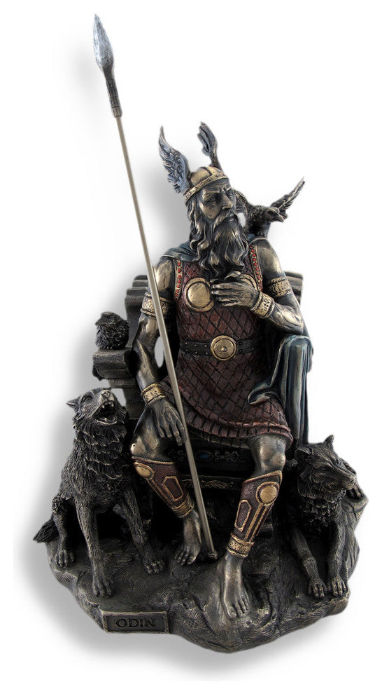 Bronzed Norse God Odin on Throne with Ravens and Wolves Statue