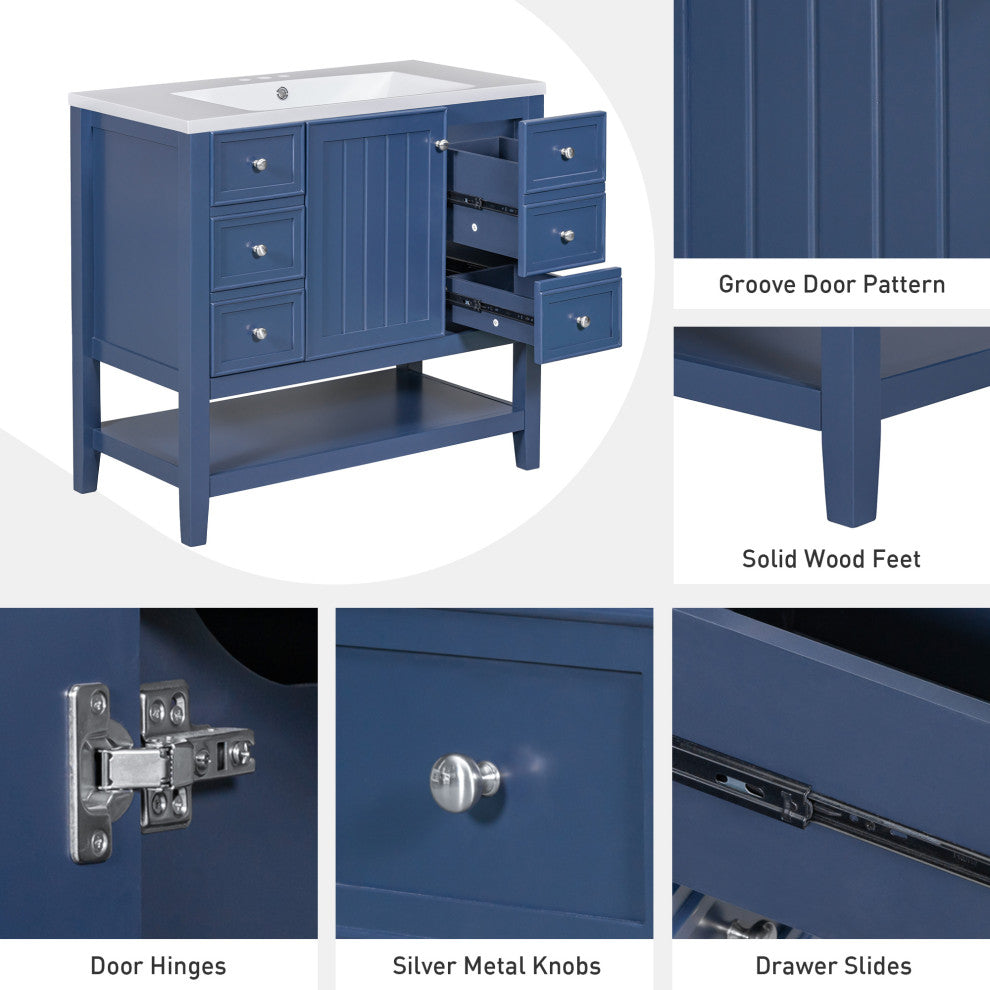 36 Inch Freestanding Bathroom Vanity Set in Blue with Drawers and Ceramic Sink, Blue