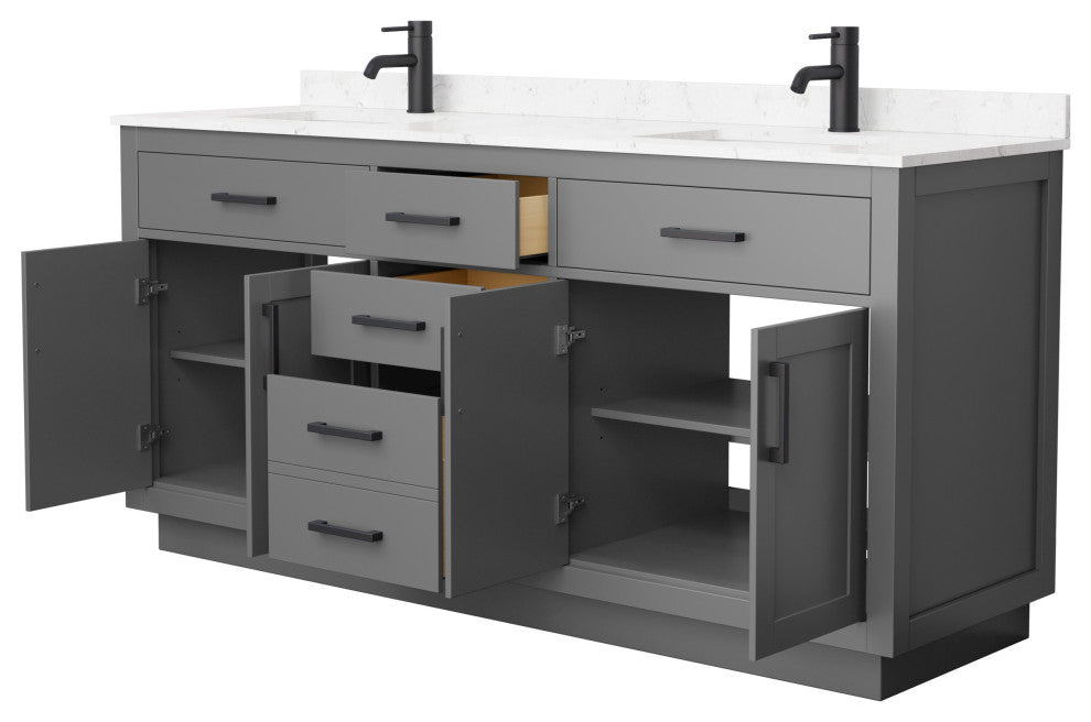 Beckett TK 72" Dark Gray Double Vanity, Cultured Top, Black Trim