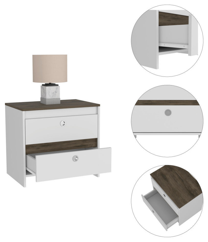 Lily Nightstand with 2 Drawers, White/Dark Brown