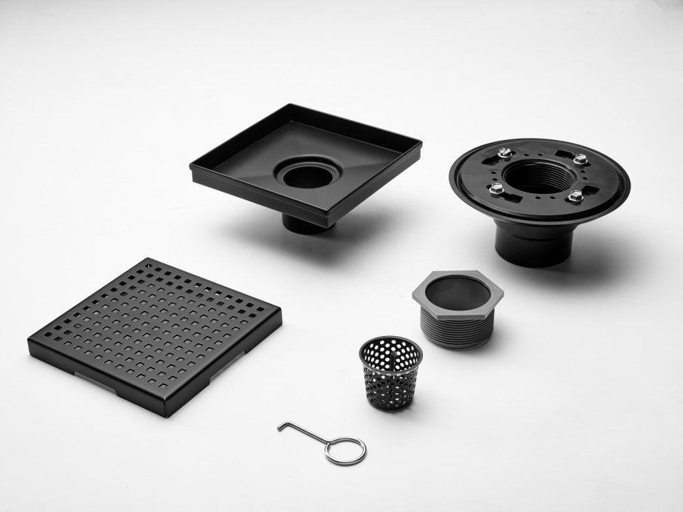 HEATGENE Square Shower Drain With Flat Cover and Base Flange, Matt Black, 4"