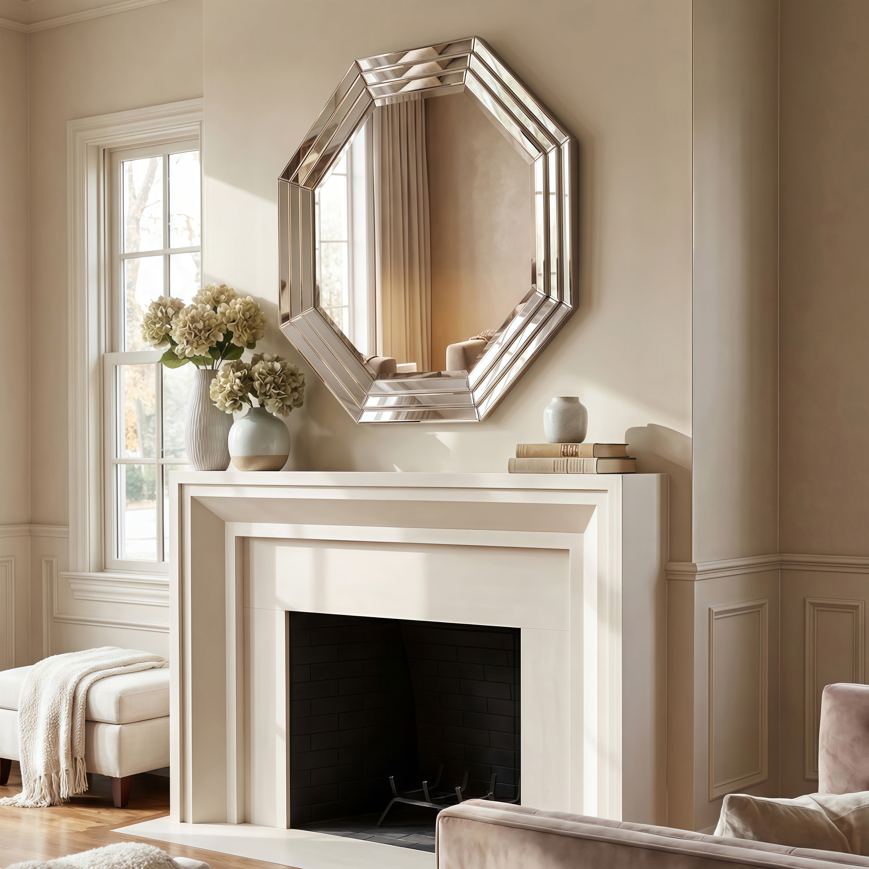 Beveled Multi Faceted Octagons Wall Mirror, 1" Beveled Center, Wood Frame