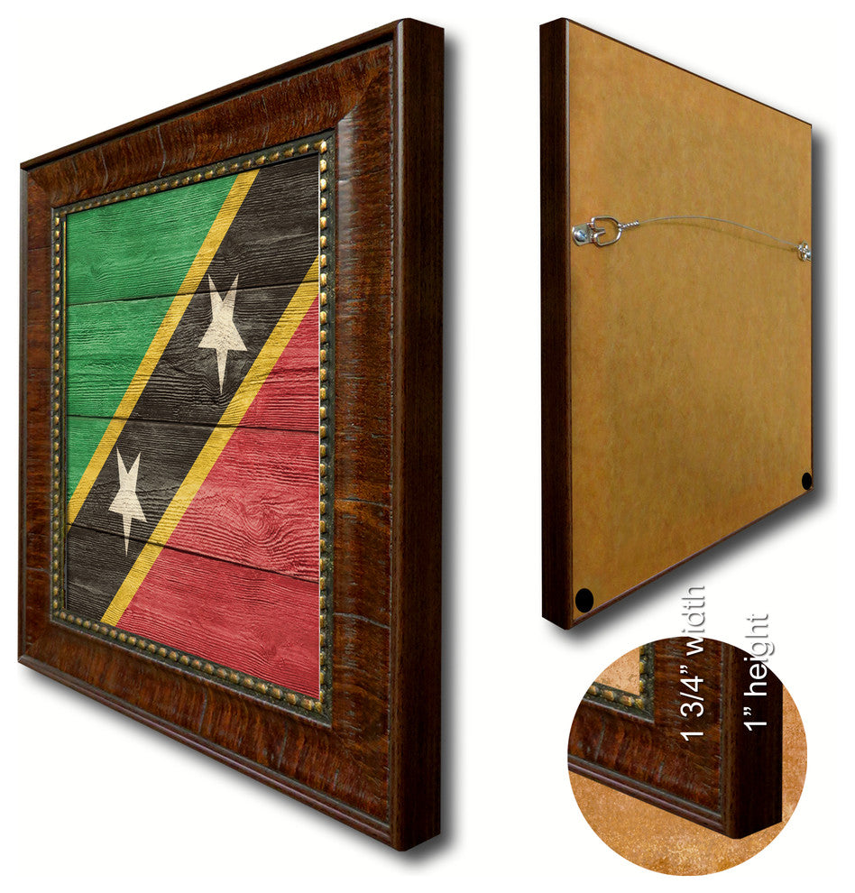 Saint Kitts And Nevis Country Textured Flag Print With Brown Gold Frame, 15"X21"