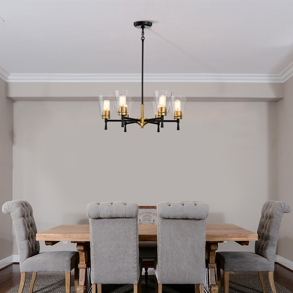 6-Light Black and Antique Brass Chandelier With Clear Cone Glass Shades