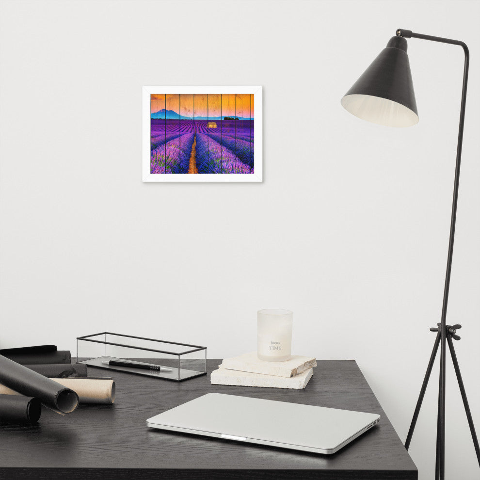 Faux Wood Lavender Fields and Sunset Landscape Framed Photo Paper Wall Art Print, White, 8" X 10"