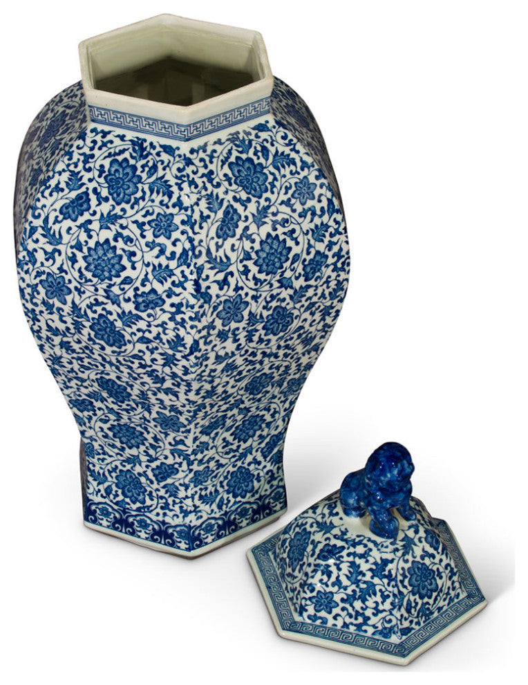 Floral Blue and White Oriental Ginger Jar with Foo Dog Motif Lid