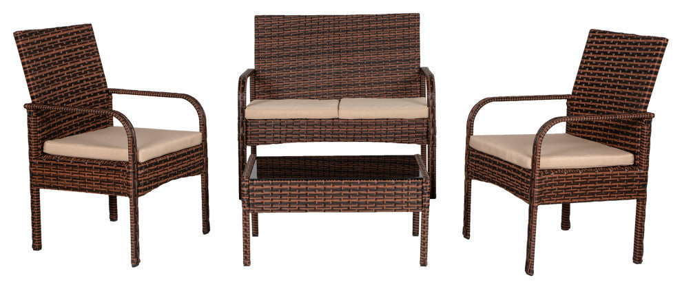 WestinTrends 4PC Outdoor Sofa Wicker Conversation Set Patio Furniture, Brown/Beige