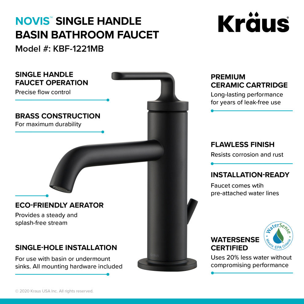 Kraus Ramus Single Handle Basin Faucet, Lift Rod Drain, Matte Black, Set of 2