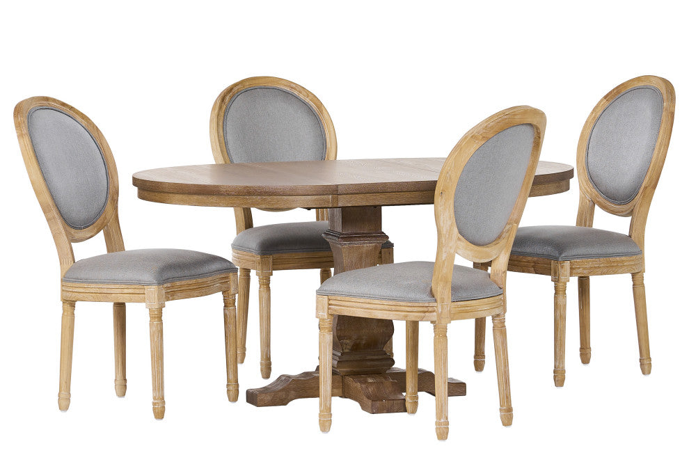 Naclerio French Country Fabric Upholstered Wood 5-Piece Dining Set, Light Gray/Natural