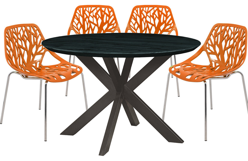 Leisuremod Ravenna 5-Piece Dining Set, Table With Geometric Base, Orange