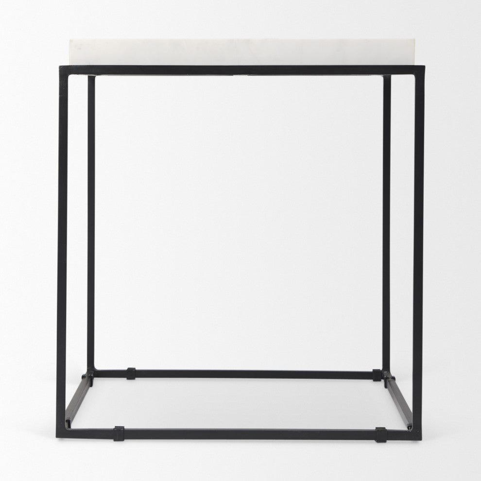 Nathan II 18"x20" Square Top White Marble and Black Metal End/Side Table