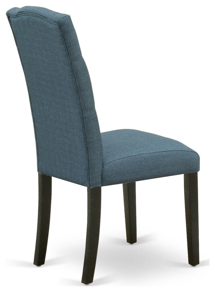5Pc Dining Set, Round Room Table, Four Parson Chairs, Blue Fabric, Black Finish