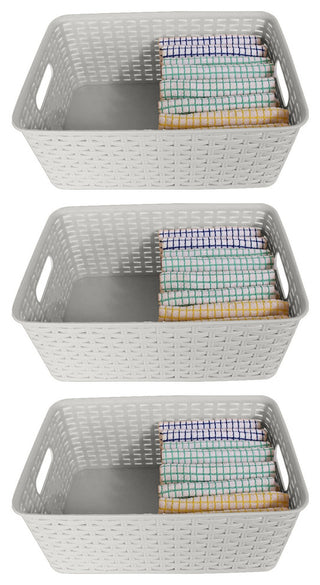 Plastic Rattan Storage Box Basket Organizer, White, Medium-Pack of 3